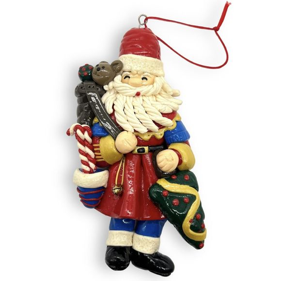 Vintage Santa Claus Christmas Ornament Glazed Clay Dough 5.5” Handmade Detailed - Picture 3 of 12